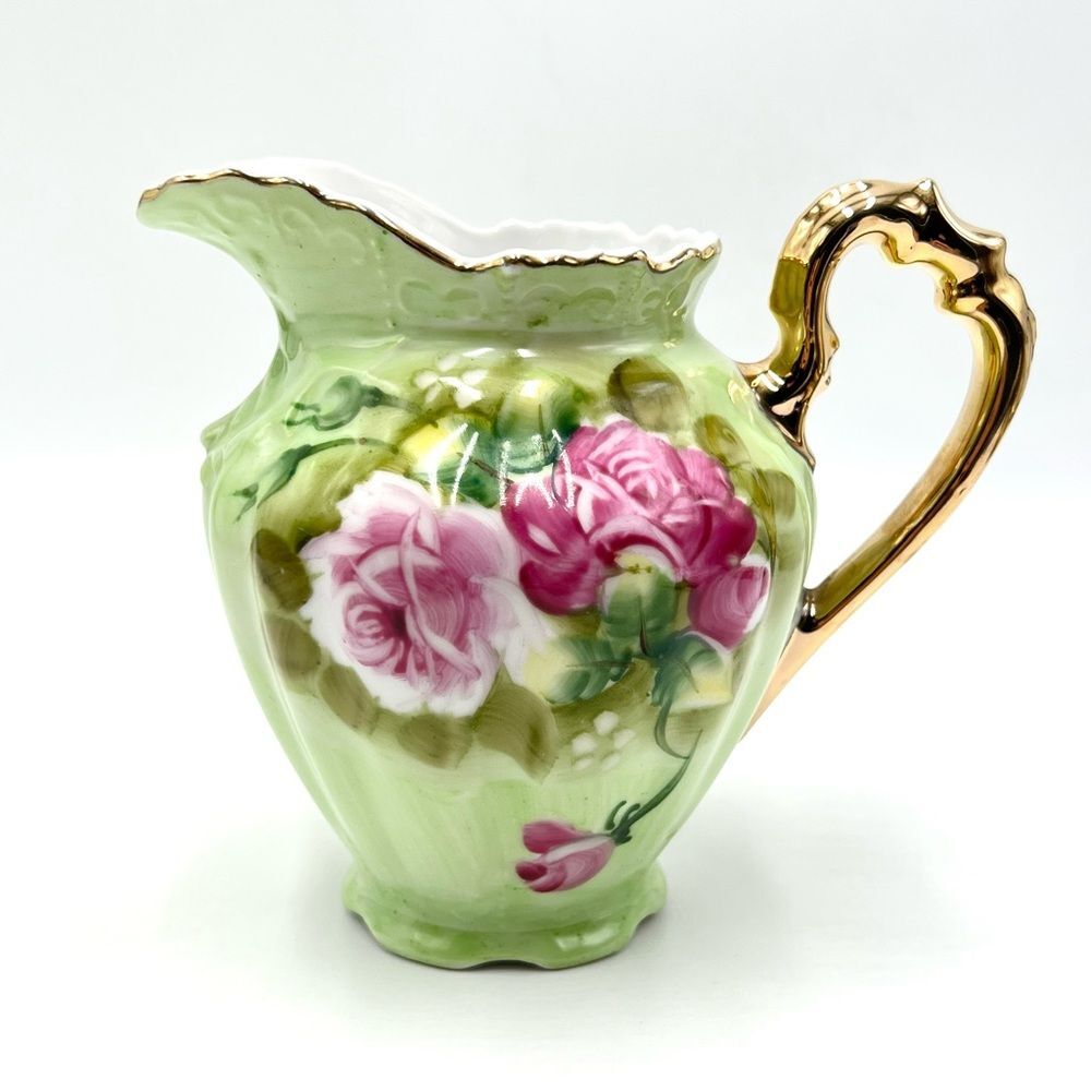 Vintage Lefton Green‎ Heritage Roses Gold Trim Small Pitcher 4172 Hand Painted